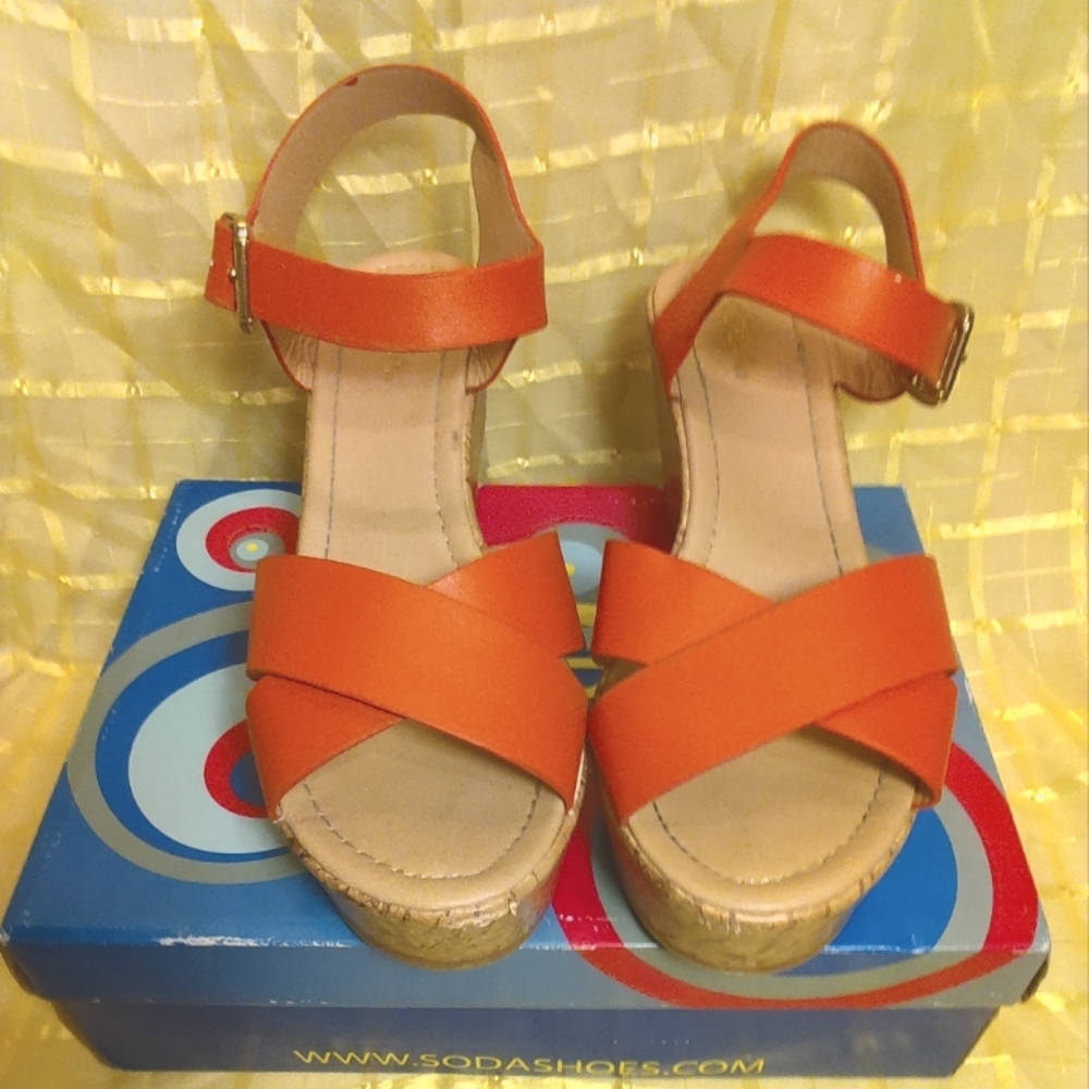 Soda - cork wedge sandals with orange straps size 10